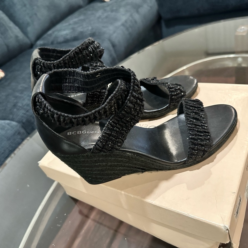 BCBG black wedge sandals 
Super cute